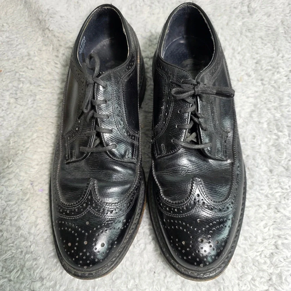 VTG Florsheim Longwing Wingtip 75675 Derby Black Leather Brogue Shoes Mens 8.5 D